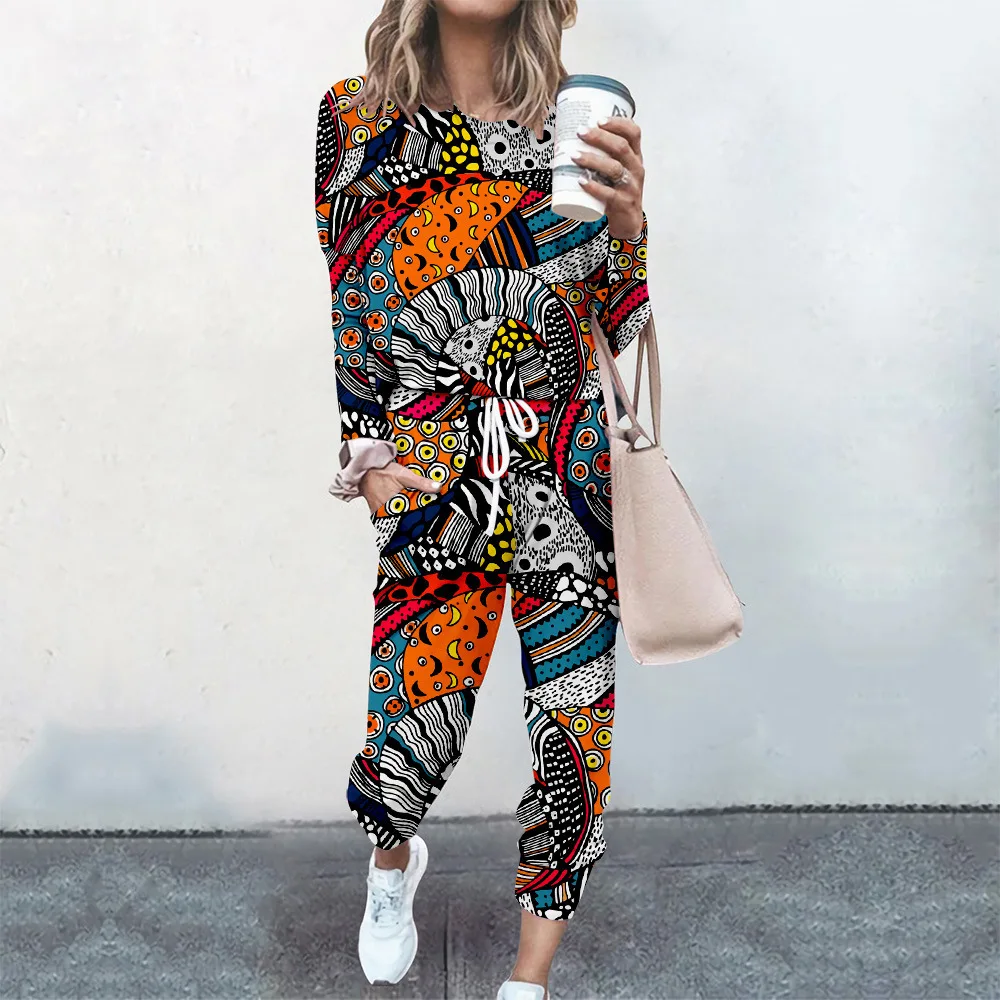 

Women 2 Piece Sets Pullovers Cloting Long Sleeve Bohemia Print Female Tops And Elastic Waist Pants Casual Streetwear Tracksuit