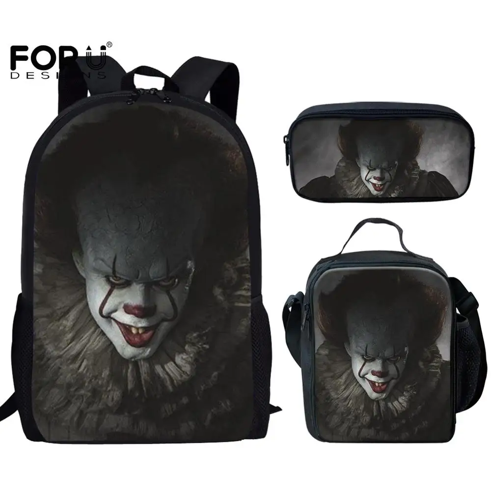

FORUDESIGNS 3Pcs School Bags Men Losers Club Clown Pennywise Backpack 3D Prints Art Schoolbags Black Bookbags For Teenager Girls