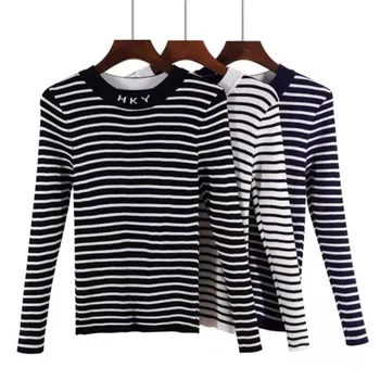 

SWEATER Bottoming Fashion Women Sweater New Autumn Stripes Print Slim Long-Sleeved Round Collar Elasticity Slim Knit Sweater