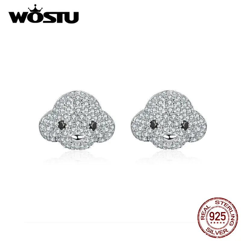WOSTU домашний питомец породы Бишон собака серьги-гвоздики с животными 925 пробы серебро Циркон маленькие серьги для женщин Свадебные модные украшения CTE098