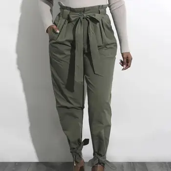 

Chic Women Solid Color High Waist Bow Belt Causal Ankle-tied Pants Trousers