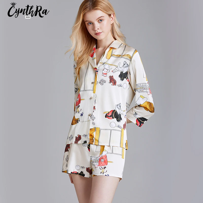 CYNTHRA 2 Piece Sleepwear 2020 New Summer Women Homewear Faux Silk France Style Pajamas Set half sleeve Pajamas Suit  Sleepwear
