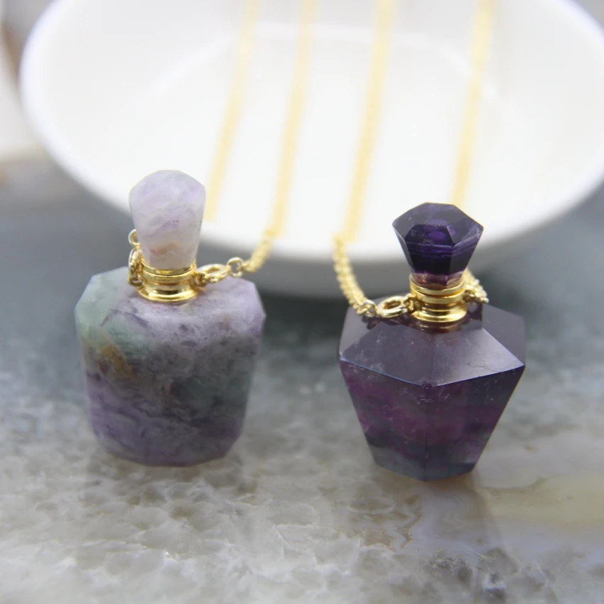 Classic Rainbow Fluorite Perfume Bottle Pendant Necklace,Personalized Faceted Natural Fluorite Essential Oil Diffuser Charms