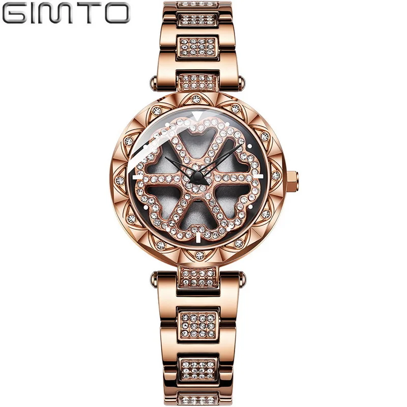 GM622 Rose Gold GIMTO вращающиеся бриллиантовые Роскошные брендовые ювелирные изделия для женщин женские наручные часы для женщин Мода кварцевые повседневные платья женские наручные часы - Цвет: GM622 Rose Gold