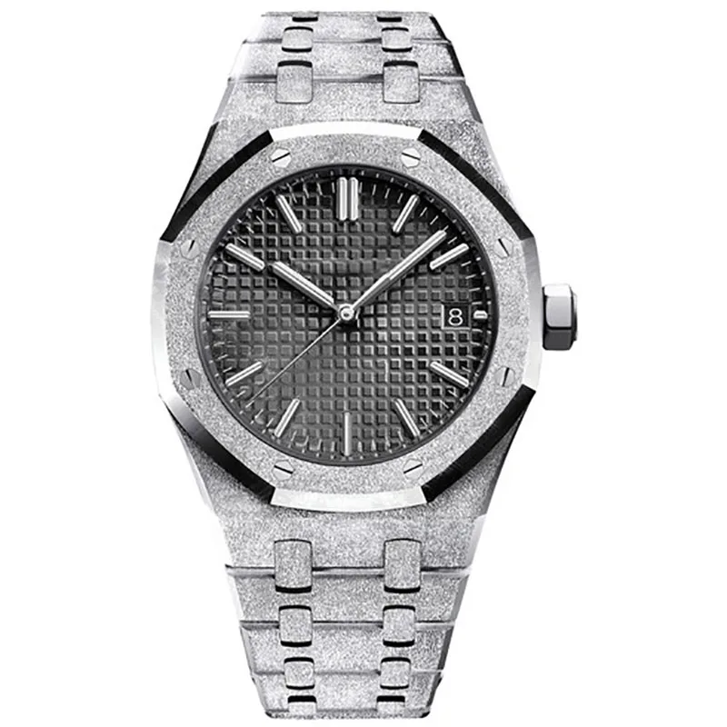 

Diamond automatic Royal Frosted Black Dial Oak mens 18k White Gold Watch Silver-tone hands Fixed bezel 42mm size glide AAA watch