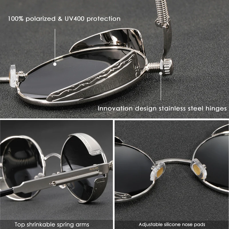 Billige KDEAM Steampunk Sonnenbrille Männer Runde Polarisierte Gläser für Frauen UV400 Schutz Frühling Arme Geschnitzten Muster