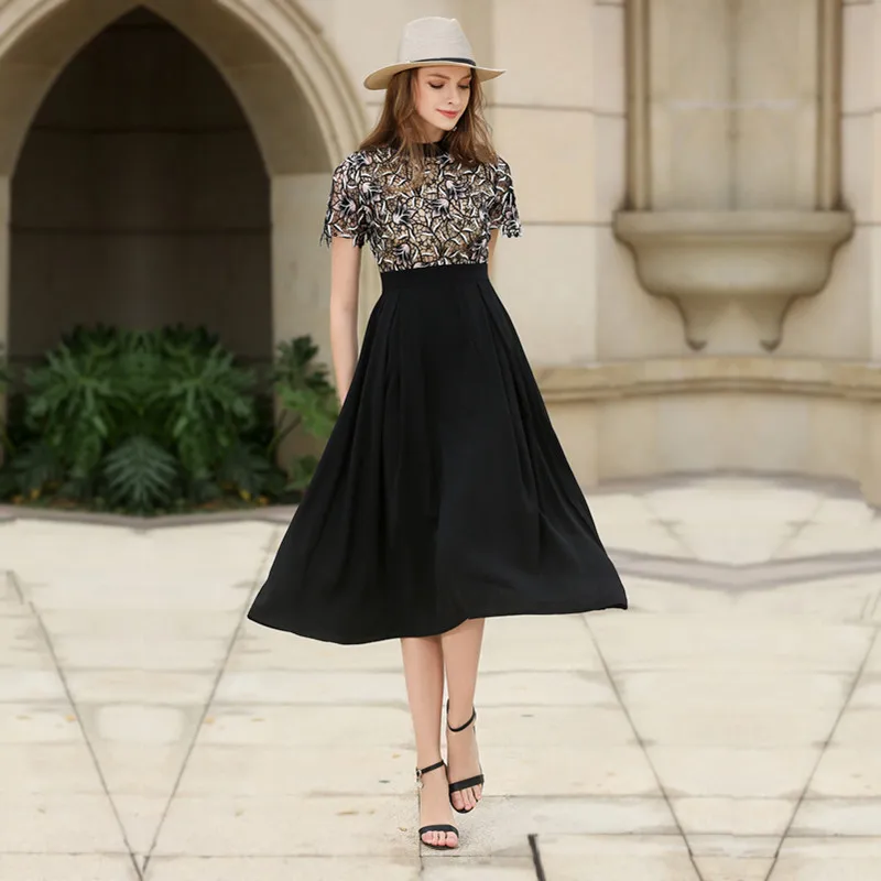 

2017 Spring And Summer New Style WOMEN'S Dress Ozhouzhan Star Celebrity Style High-End Lace Embroided Dress Mid-length Dress