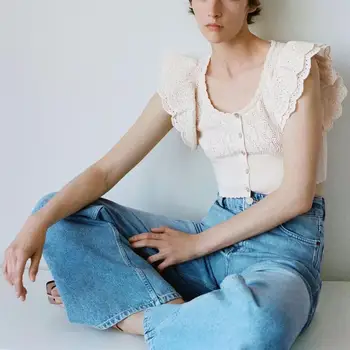 

New summer women pointelle crop top Sleeveless knit top ruffled armholes female woman clothes