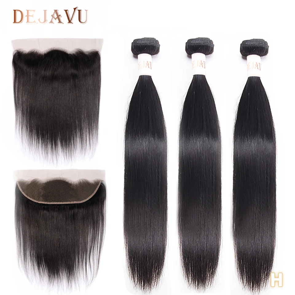  Dejavu 13x4 Frontal With 3 Bundles Peruvian Straight 100% Human Hair Bundles With Closure Non-Remy 