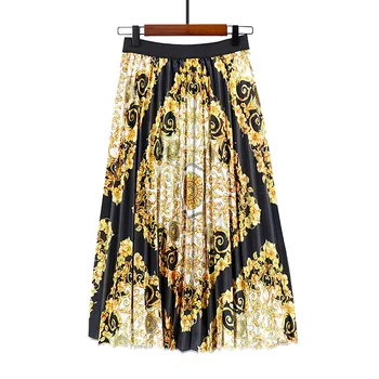 

2019 Hot Brand New Summer Royal Vintage Ethnic Style Women Geometric Floral Printed half Pleated skirt
