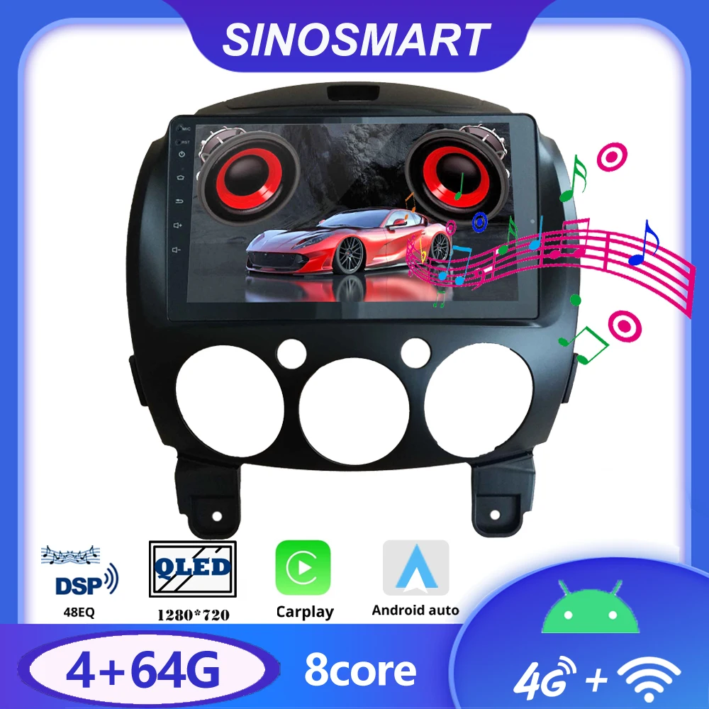 

Sinosmart автомобильный радиоприемник с навигацией GPS плеер для Mazda 2 2008-2013 2.5D QLED экран 8 ядер, DSP