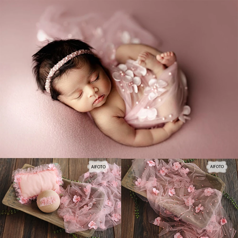 2021 Newborn Photography Props Flower Pearl Mesh Wrap Background Baby Lace Cloth Pillow for Photo Shoot Studio Props Accessories maternity photography props dress golden glittering sequin mesh gown for pregnant women photo shoot pregnancy prop accessories