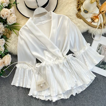 

2020 Spring Summer New Female Deep V-neck Ruffles Sweet Stain Shirt Office Lady Three Quarter Sleeve Shirts Women Blouses RL19