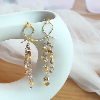 

S925 Needles Immortal Long Tassels Ear Stud Female Leaves Zircon Elegant Versatile Explicit Face Thin Earrings