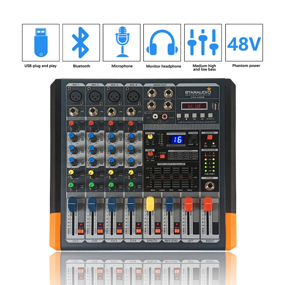 US $148.20 STARAUDIO Professional 4Channel 2000W Powered Audio Mixer Stage KTV Live Sound Mixing Console With Effects Processor SMX4000B