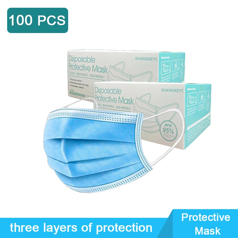 100Pcs Disposable Face Mask Non Wove Three Layers of Protection Meltblown Cloth Breathable Earloops Masks