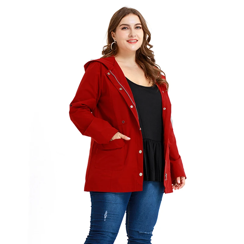 

Solid Color Plus Size Windbreaker Zipper Up Hooded Coat Long Sleeve Pocket Large Size Lady Red Zipper Hoodie Outerwear 5XL D30