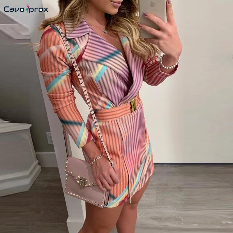 

Women Stripe Printed Long Sleeve Turn Down Collar Blazer Dress Wrap Belt Above Knee Mini Office Lady Elegant Spring Fall Dress