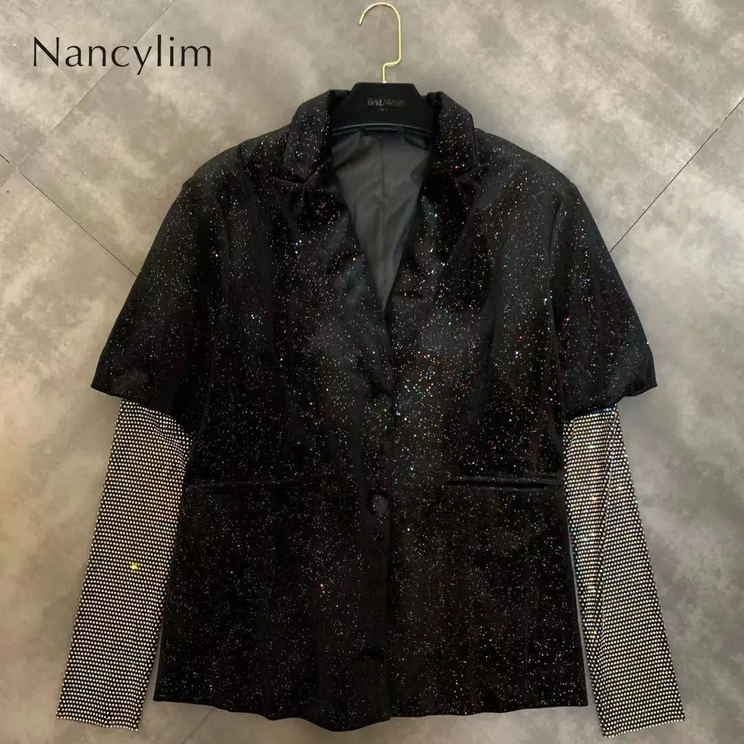 

Autumn New Lapel Stitching Diamond Mesh Sleeve Sparkling Little Woman Suit Jacket Streetwear Female Lady High Qualiy Jackets