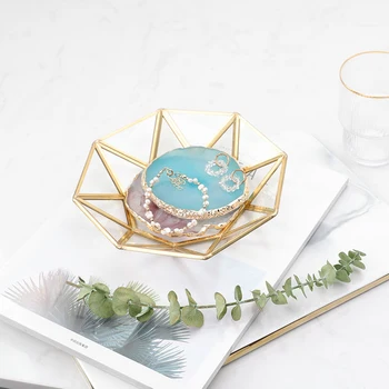 

Brass Storage Tray Golden Polygon Glass Makeup Organizer Tray Dessert Snack Plate Jewelry Display Stand Home Kitchen Decor