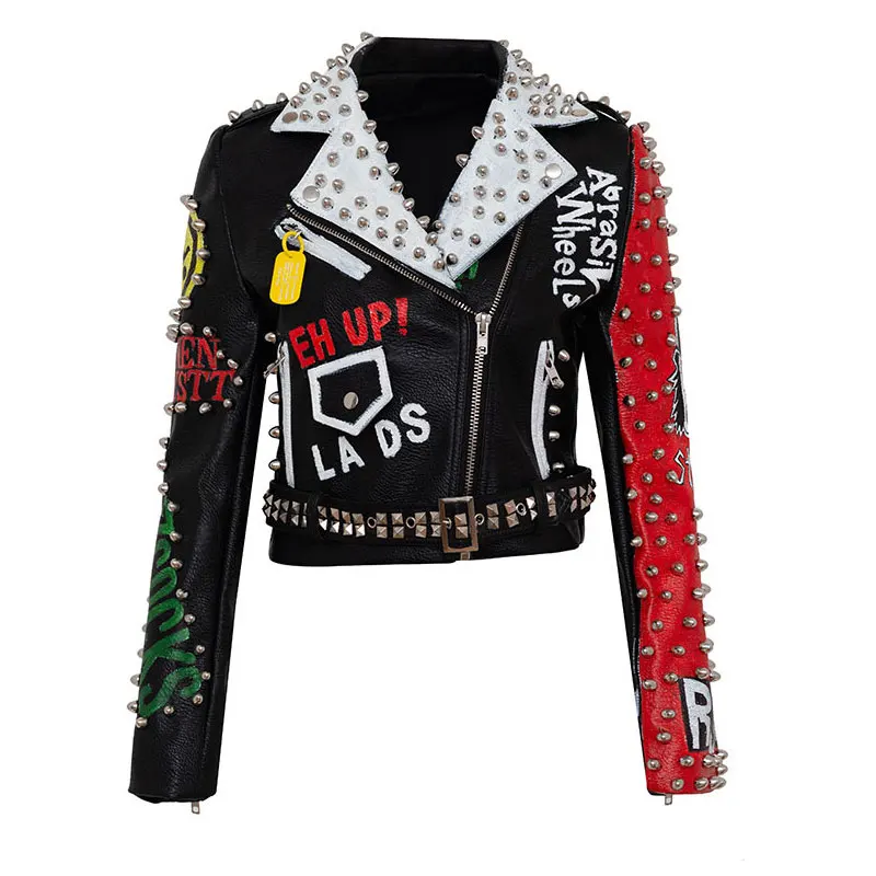 

Женский костюм в стиле панк из искусственной кожи с заклепками и высокой талией