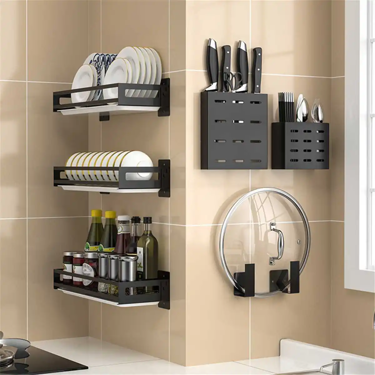 

Stainless Steel Kitchen Bathroom Shelf Wall Hanging Non-Punching Pot Cover Cutter Shelf Condiment Storage Rack Dish Drying Rack