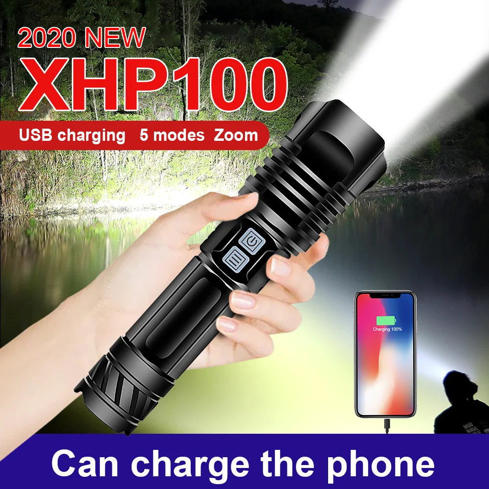 XHP100 LED Tactical Flashlight Powerful Rechargeable USB Flash Light