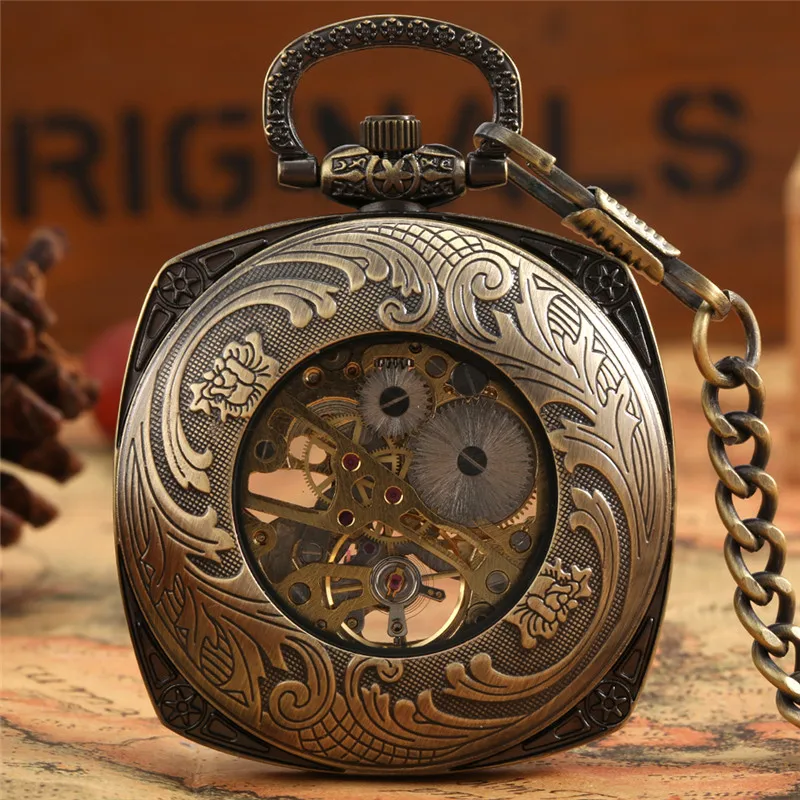 Bronze Square Case Men Women Handwinding Mechanical Pocket Watch with Pendant Chain Skeleton Clock for Unisex Relgio De Bolso