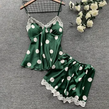 

Polka Dots Print Silk Pajamas Sexy Underwear Lace Camisole Shorts Set V-neck Lingerie Women Sleeveless Pajama Sets S-xxl