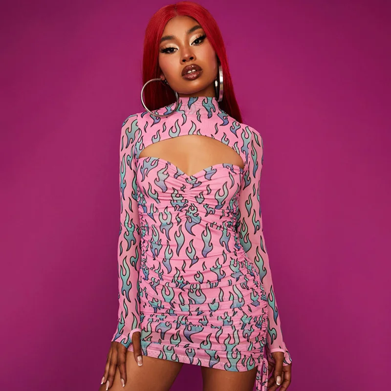

Hollow Out Sexy Slim Mini Dress Women Print Winter 2020 New Long Sleeve Turtlenek Hole Women's Dresses Hot Side Slit Drawstring