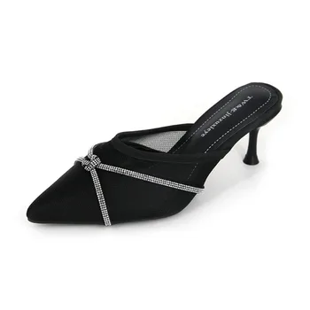 

Women Slippers Pointed Toe Designers Thin High Heel Sandals Rhinestone Luxury Black Sexy Mules Shoes Outside Dress Woman Slides