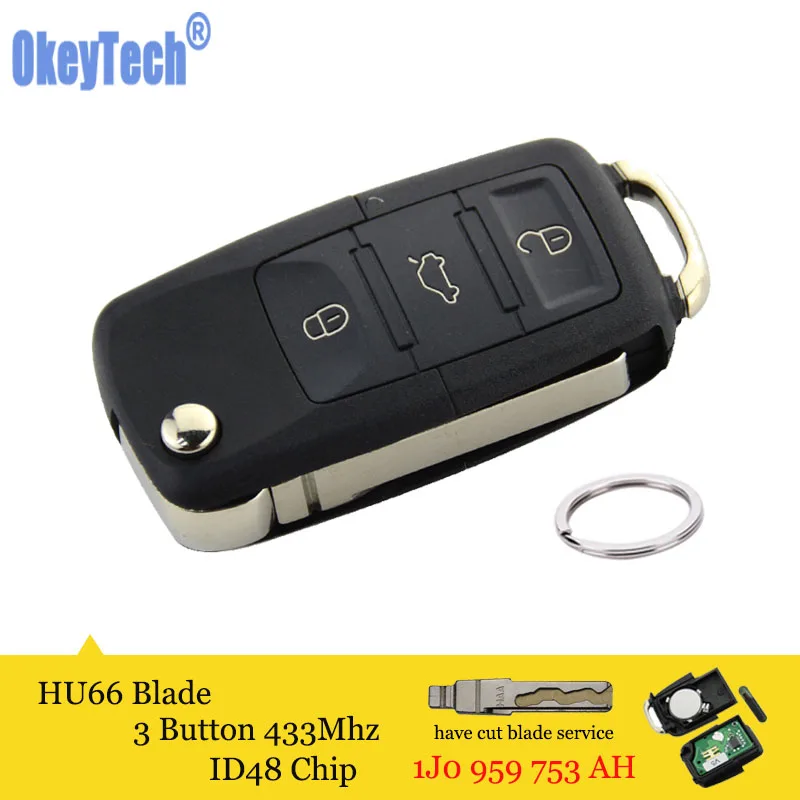 OkeyTech дистанционный Автомобильный ключ для V W Golf Passat Polo Bora EOS CC Флип брелок ID48 чип 433 МГц 3 кнопки пустой клинок HAA 1J0959753AH