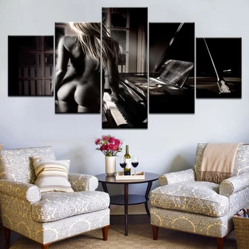 

5 Panel Print Sexy woman piano black and white wall posters Print On Canvas Art Painting For home living room decoration