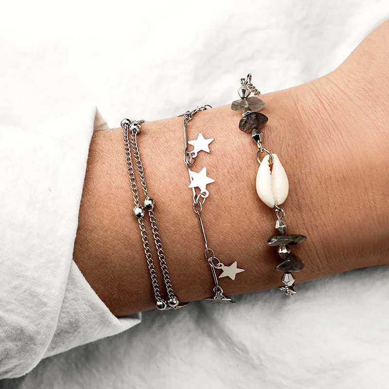 

2019 New Style Geometry Five-pointed Star Natural Stone Gravel Shell Conch round Ball Beaded Bracelet Chain Anklet Three-piece S