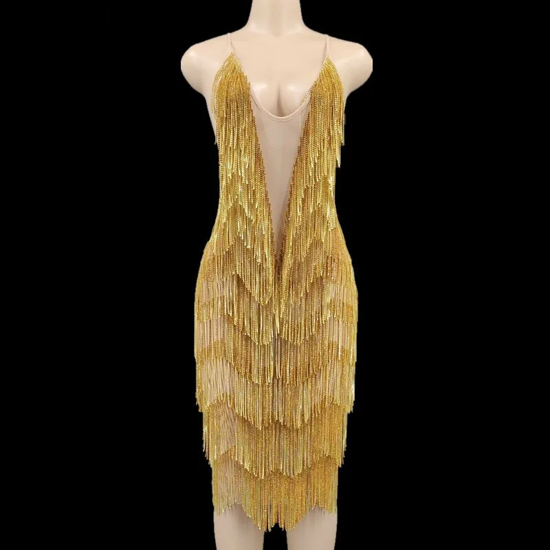 

Sparkly Rhinestone Fringes Transparent Backless Sleeveless Short Dress Show Performance Dance Dress Birthday Party Outfit