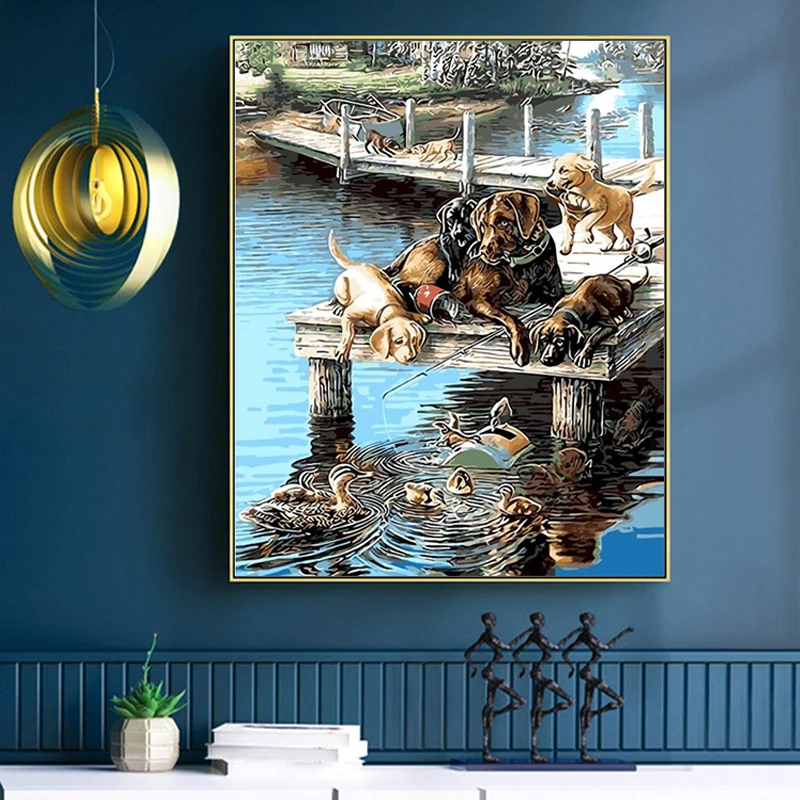 

DIY painting picture by number on the riverside playful puppy and duck drawing tint by number with home improvement kit
