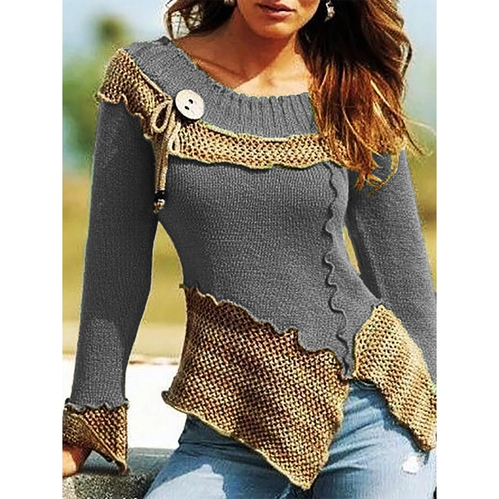 VITIANA Women Knitted Sweater Autumn 2019 Female Long Sleeve Patchwork Button Knit Sweaters Femme Sexy Pullover Tops Sreetwear | Женская