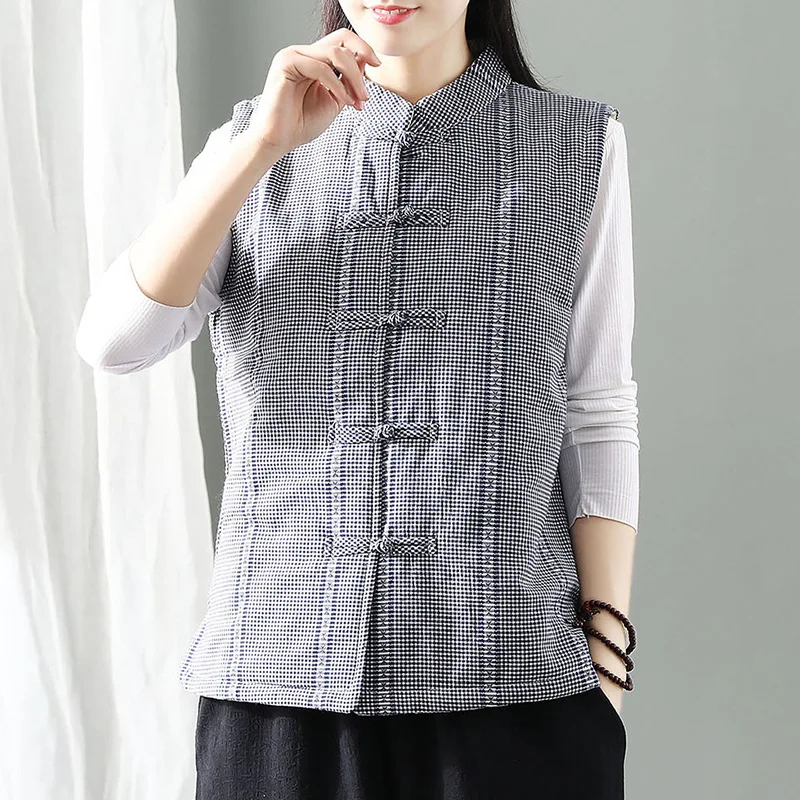 

Chinese Style Retro Plaid Thick Quilted Waistcoat Literature And Art Sleeveless Vest plus Cotton Warm Stand Collar Frog Cotton O