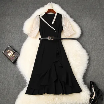 

2020 New Runway Designer Summer Dresses for Women Fashion Clothes Short Sleeve Hit Color Patchwork Ruffle Dress with Belt
