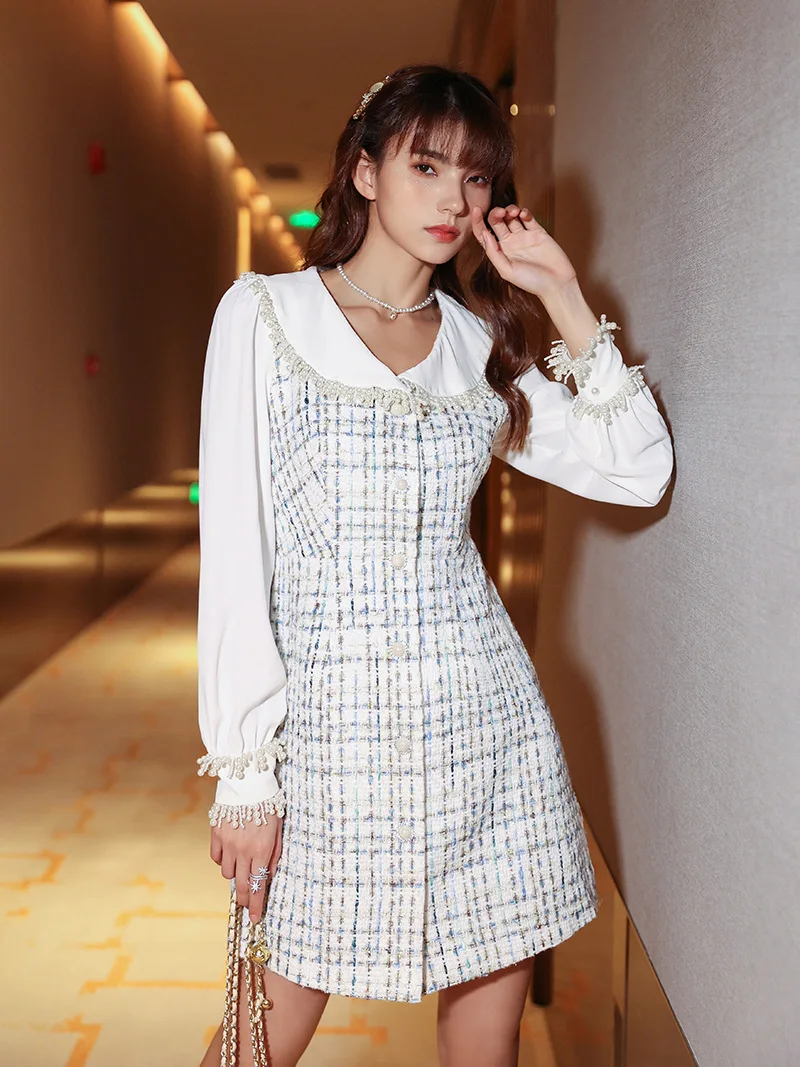 

Women's 2021 New Autumn Winter High Quality Tweed Dress Women's Small Dress