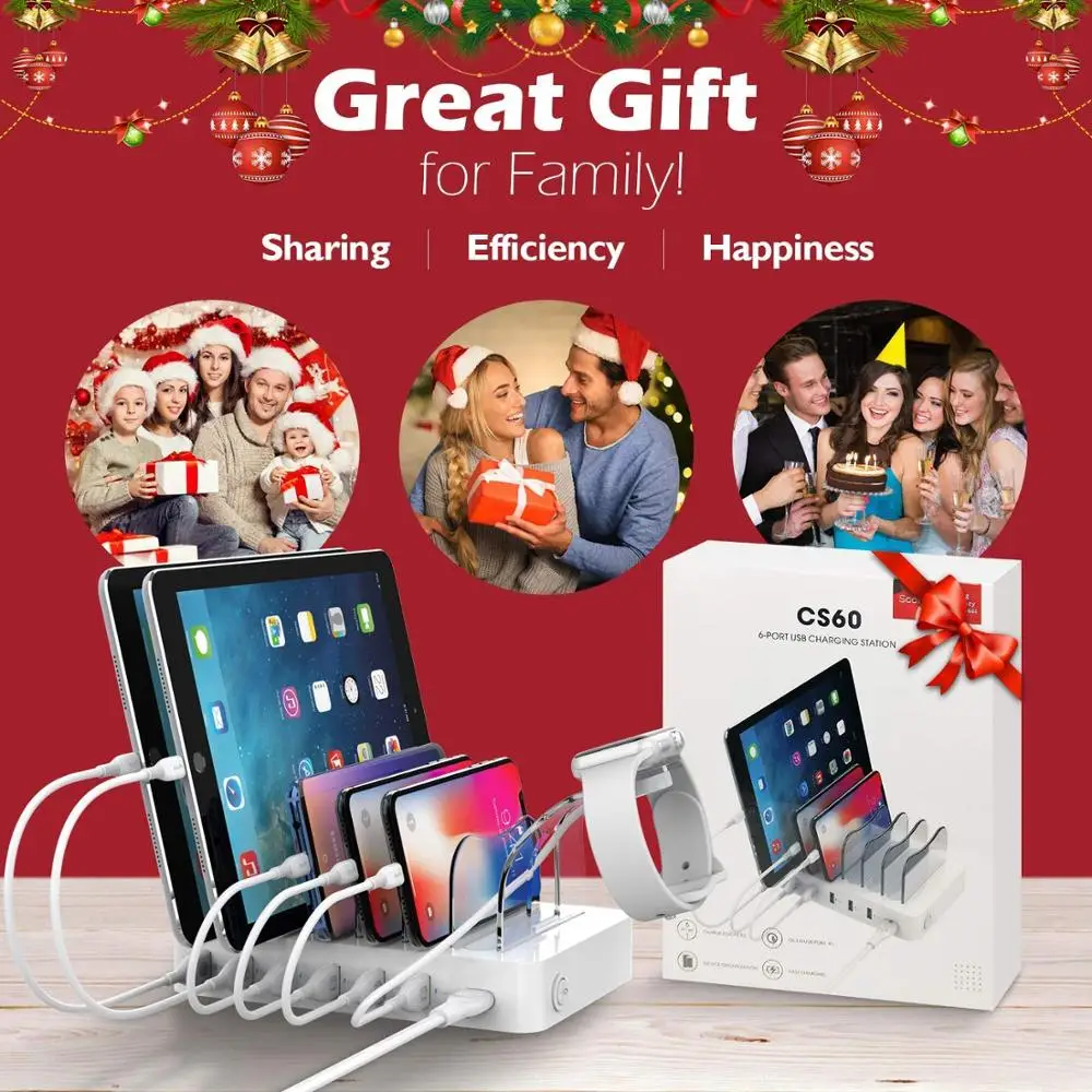 Soopii Quick Charge 3.0 60W/12A 6-Port USB Charging Station for Multiple DevicesDock Station with 6