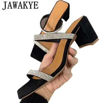 

beading strap summer crytstal bling bling slippers block high heel formal ladies sandals mules black suede leather shoes women