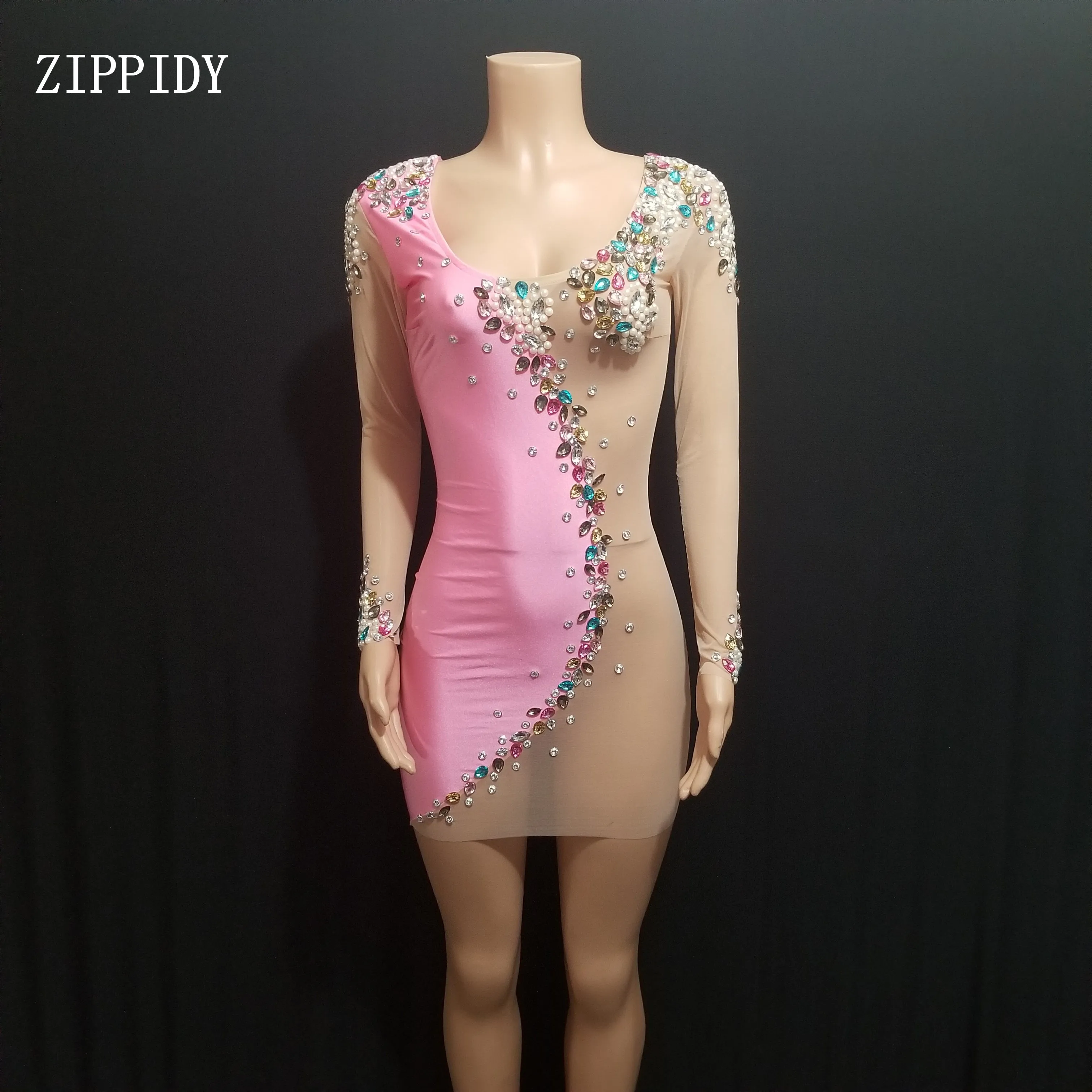 

Pink Nude Stones Pearls Dress Sexy See Through Dance Costume Bling Stage Dancewear Shining Rhinestone Sexy Party Outfit