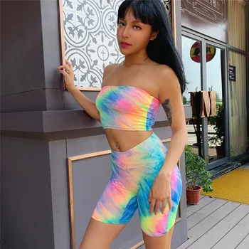 

Women Tie-dye 2PCS Tracksuits Set Strapless Romper Crop Top Vest + Shorts 2020 Summer Trend Set Outfits Homwear Casual Suit