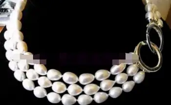 

Beautiful Natural 3 Rows 9-10MM GENUINE WHITE AKOYA PEARL NECKLACE 17-19"