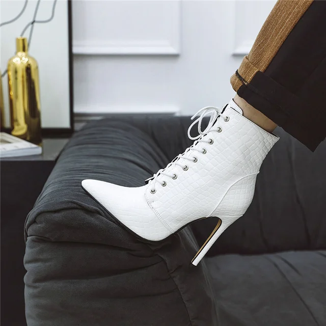 Sexy Ankle Cowboy Boots For Women Shoes Fashion Snake Red White Boots Lady Lace Up High Heel Short Boot Autumn Large Size 46 48 5