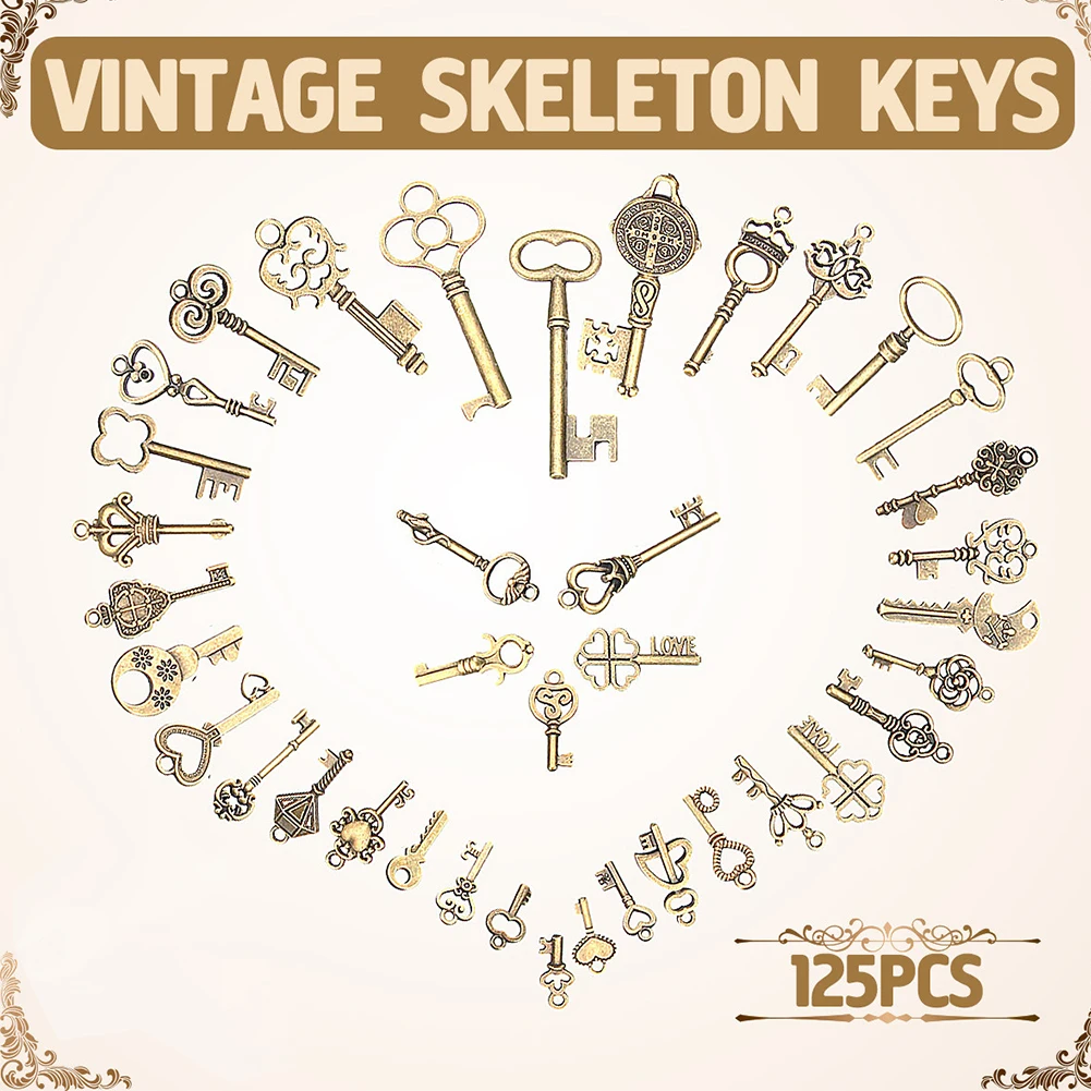 

125pcs Mini Bronze Keys Set Bow Pendant Metal Skeleton Heart Necklace Jewelry Making Vintage Decorative Gift Portable DIY Craft