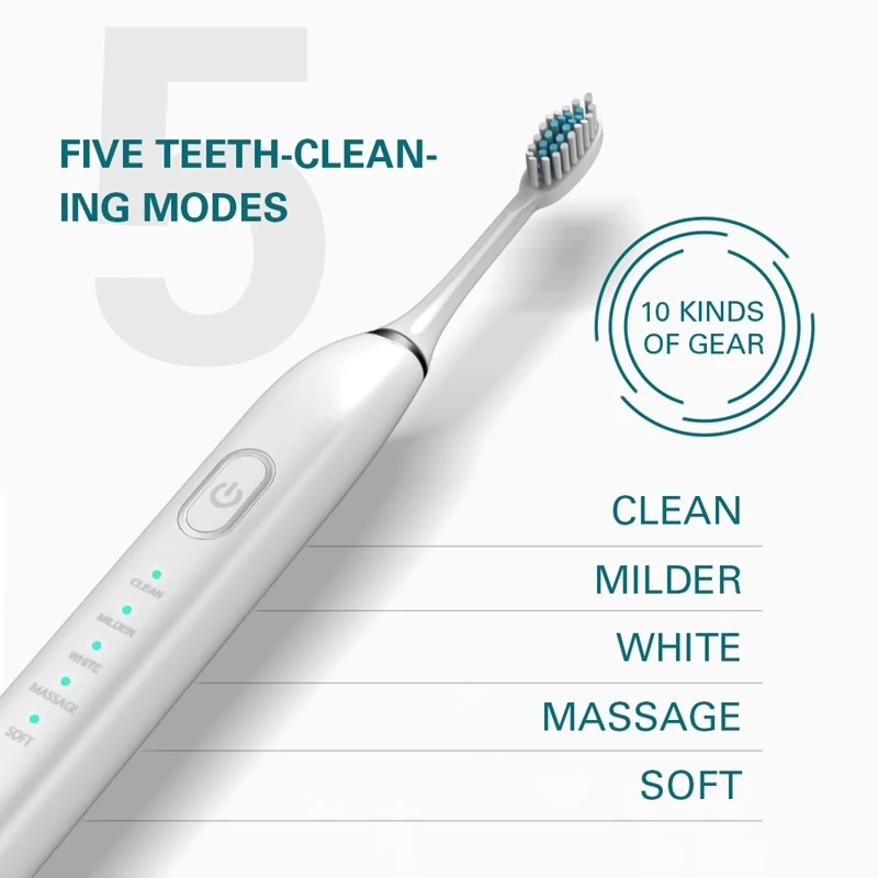 Electric Toothbrush IPX7 Rechargeable Toothbrush 5 Modes Toothbrush with 5 Brush Head (White) Electric Toothbrush IPX7 Rechargeable Toothbrush 5 Modes Toothbrush with 5 Brush Head (White)