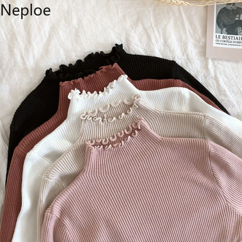 

Neploe 2020 Fall Winter Ruffles Sweater Turtleneck Ruched Women Sweaters High Elastic Solid Female Slim Sexy Knitted Pullovers