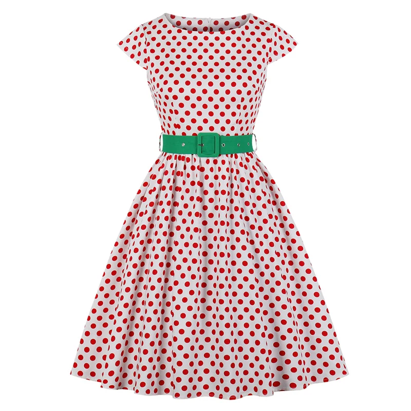 Белый Tonval Rockabilly женское винтажное платье в горошек с круглым вырезом и зеленым поясом, а конец линии рукава, облегающая элегантная булавка - Цвет: Белый